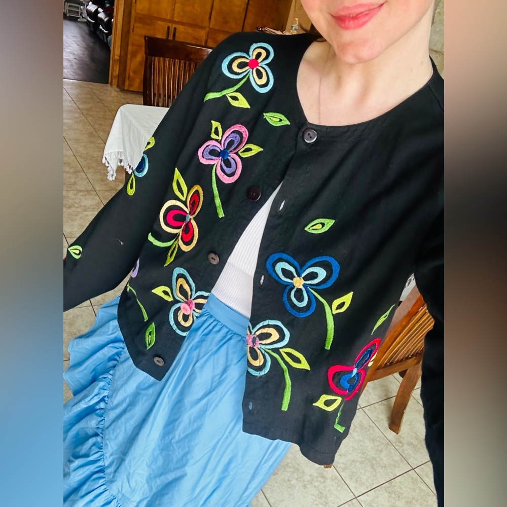 Michael Simon Embroidered Flower Floral Cardigan Size Medium - Picture 2 of 2